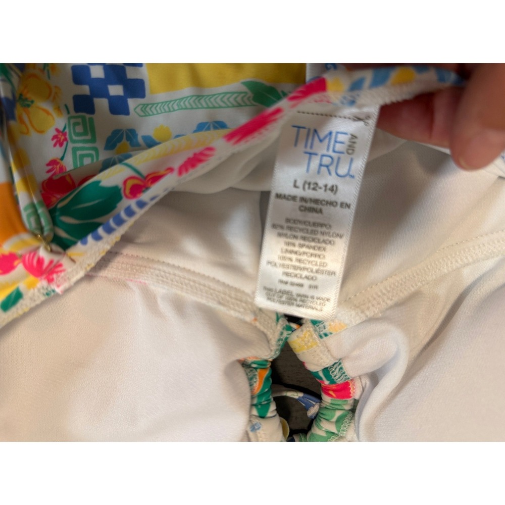Time and Tru Womens Tropical Patchwork One Piece Swimsuit Floral Ruffle L 12-14 - Picture 3 of 4